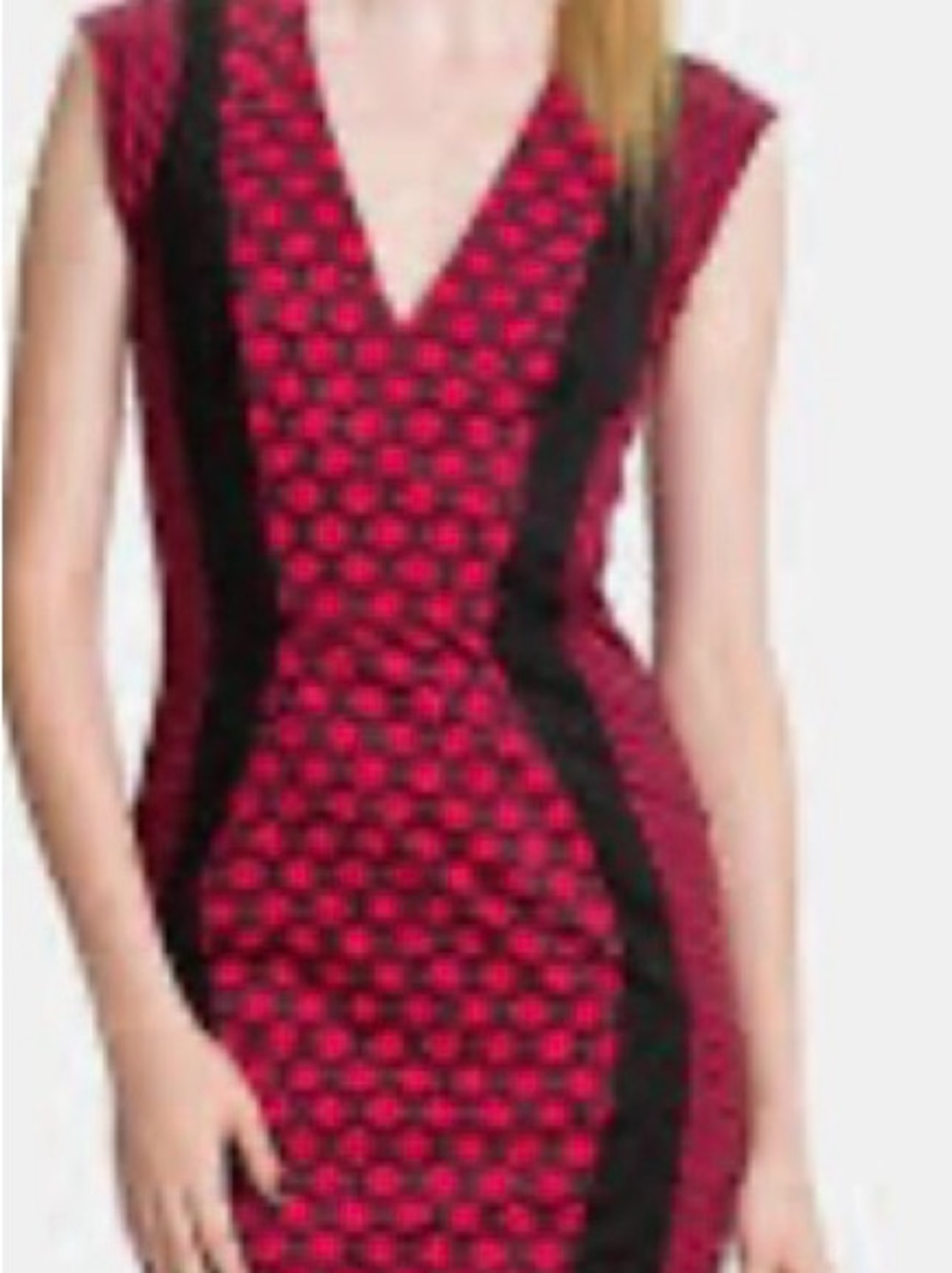 FRENCH CONNECTION DRESS WITH VIBRANT RED & BLACK GEOMETRIC DESIGN. BLACK PANNELS